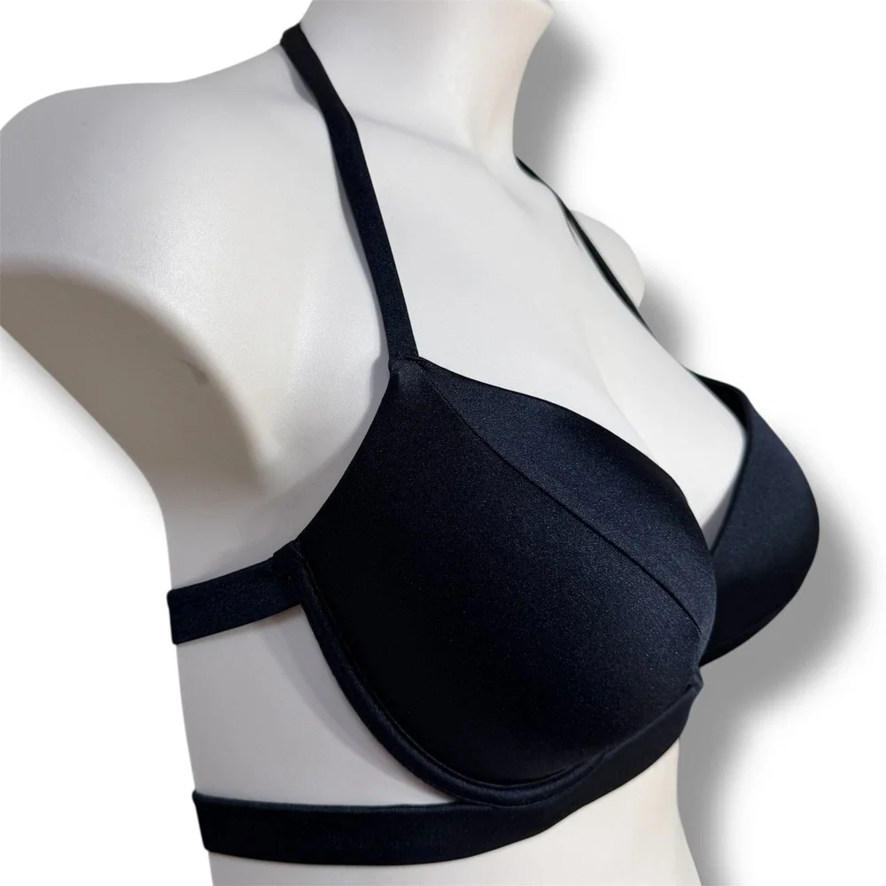 Victorias Secret‎ Black Push Up Halter Bikini Set 36D Large High Waist Ruched